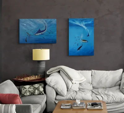 Painting of Pacific Marlin hunting yellow fin tuna on Great Barrier Reef