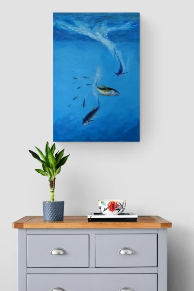 Painting of Pacific Marlin hunting yellow fin tuna on Great Barrier Reef